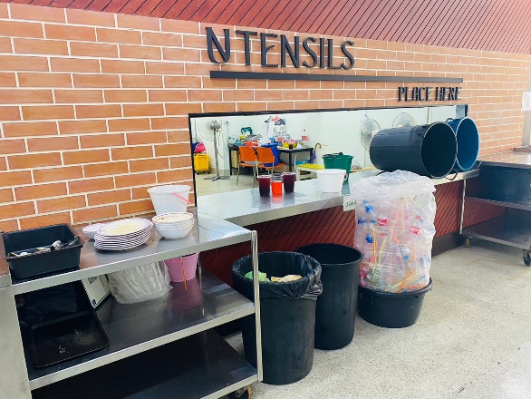 A counter with trash cans and buckets Description automatically generated